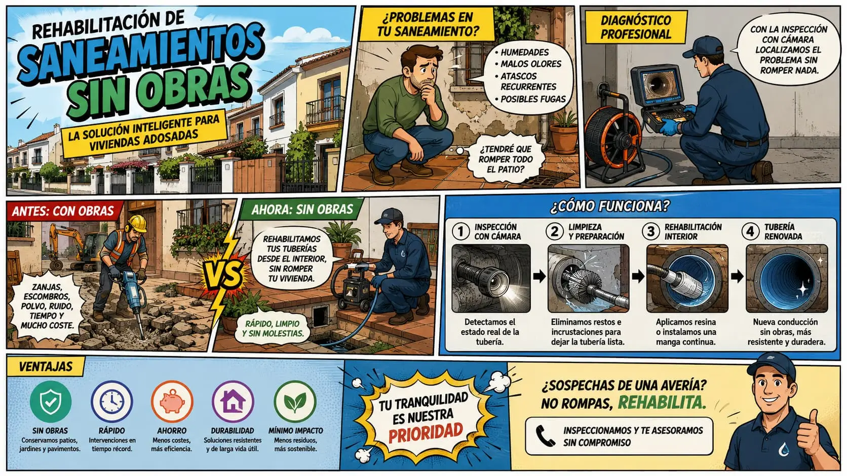 rehabilitación de saneamientos sin obras en viviendas adosadas en Sevilla